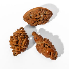 3 Intricate Chinese Carved Nut Pendant / Beads