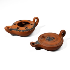 2 Wedgwood Rosso Antico Oil Lamps / Inkstand