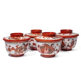 4 Japanese Kutani Scholar & Antiques Covered Bowls