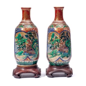 Pair Japanese Kutani Enameled Sake Bottles