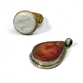 Ottoman Bronze Intaglio Stone Ring & Pendant