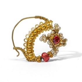Indian Gold Pearl & Red Stone Nose Ring