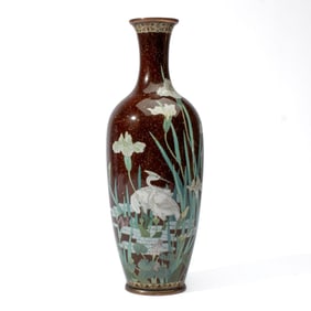 Japanese Meiji Period Cloisonne Crane & Iris Vase