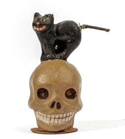 Antique German Halloween Paper Mache Cat on Skull
