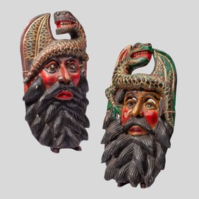 2 Mexican Folk Art Polychrome Conquistador Masks