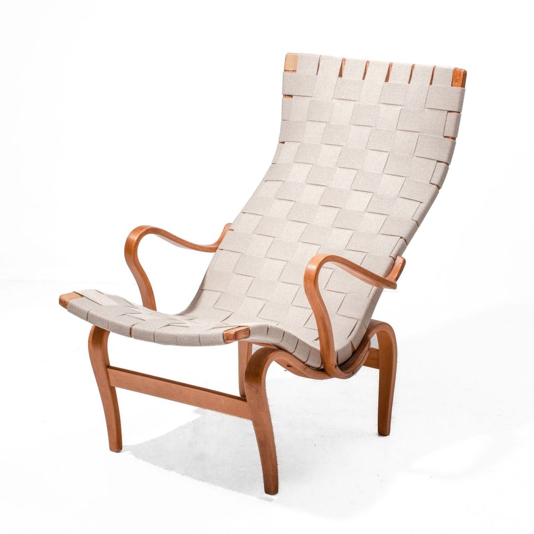 Vintage Bruno Mathsson Pernilla Lounge Chair: Vintage Bruno Mathsson "Pernilla" lounge chair. Birch frame with recently professionally replaced "correct" webbing. Gold decal to underside of one bentwood leg piece: EDV. WILBERG MOBELFABRIKK-MOELV.