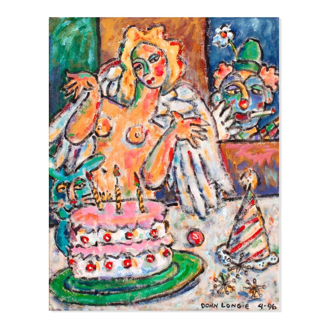 Donn Longie (WA) "Angel & Cake" Acrylic on Canvas: Donn Longie (Washington) "Angel & Cake" Acrylic on Canvas, 1996. Signed and dated lower right. Canvas measures 20x16"; framed in gilt frame with overall size 25x21". Some chips to frame edge; overall 
