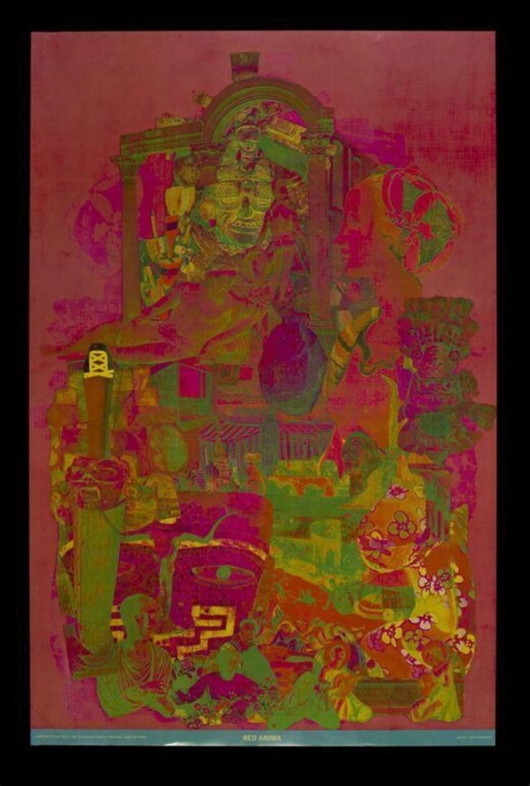 1968 East Totem West Poster "Red Anima": Vintage 1968 Nick Nicholds designed "Red Anima" poster for East Totem West. New old stock rolled in original clear plastic sleeve. Appears in very good condition with no apparent dents or creases. Not