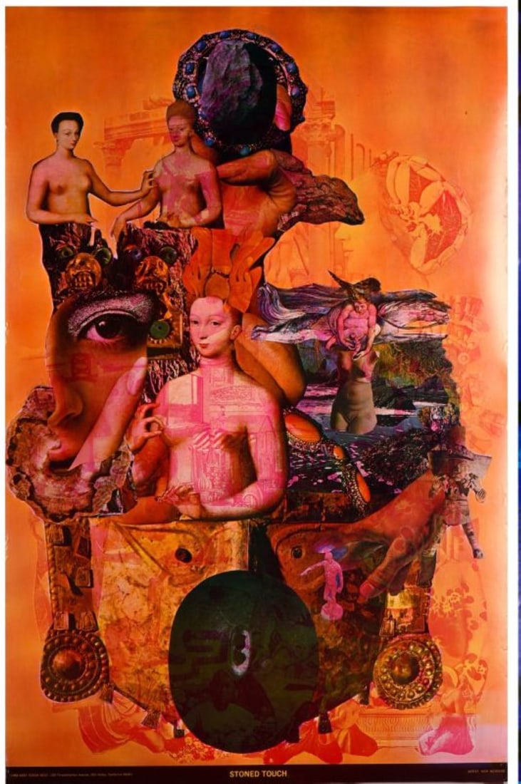 1968 East Totem West Poster "Stoned Touch": Vintage 1968 Nick Nicholds designed "Stoned Touch" poster for East Totem West. New old stock rolled in original clear plastic sleeve. Appears in very good condition with no apparent dents or creases. 