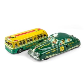 2 Vintage Tin Litho Toy Cars / Dick Tracy / Bus