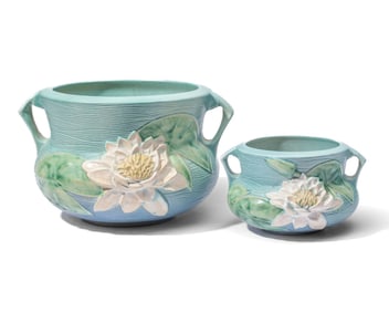 Two Roseville 663 White Lily Jardenieres 5" & 8"