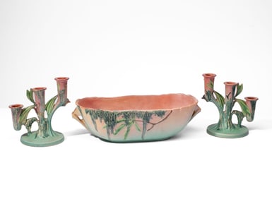 Roseville Moss Console Bowl & Candle Holders