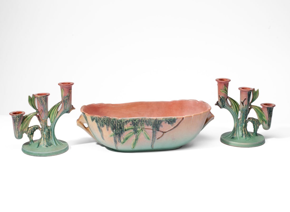 Roseville Moss Console Bowl & Candle Holders (1 of 9)