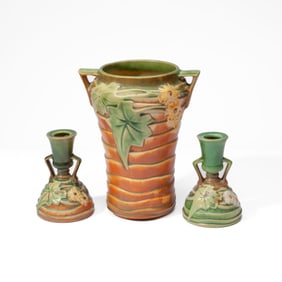 Roseville Pottery Luffa Vase & Candle Holders