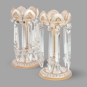 Pair Bohemian Gold Overlay Enameled Glass Lustres