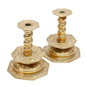 17th Century Dutch Repousse Brass Candlesticks