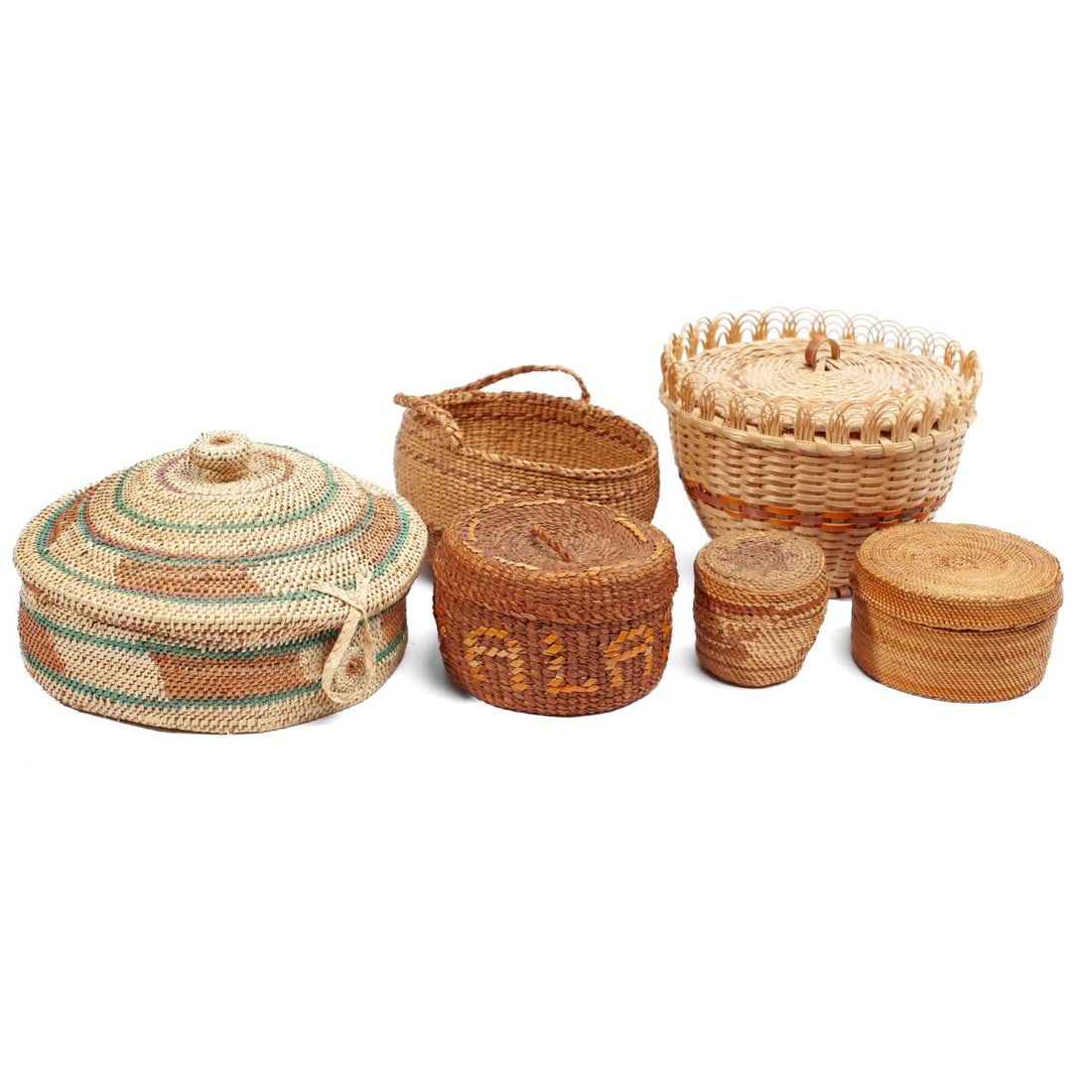 Group of 6 NW Coast Native American Baskets: Group of six NW Coast Native American Baskets. (1): A lidded Tsimshian "Alaska" basket. Dated 1922. In very good condition. 2.5" H x 4" D. (2): A tightly-woven lidded Makah basket. In very good condit