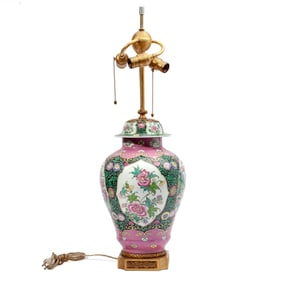 French Porcelain Chinoiserie Gilt-Bronze Lamp