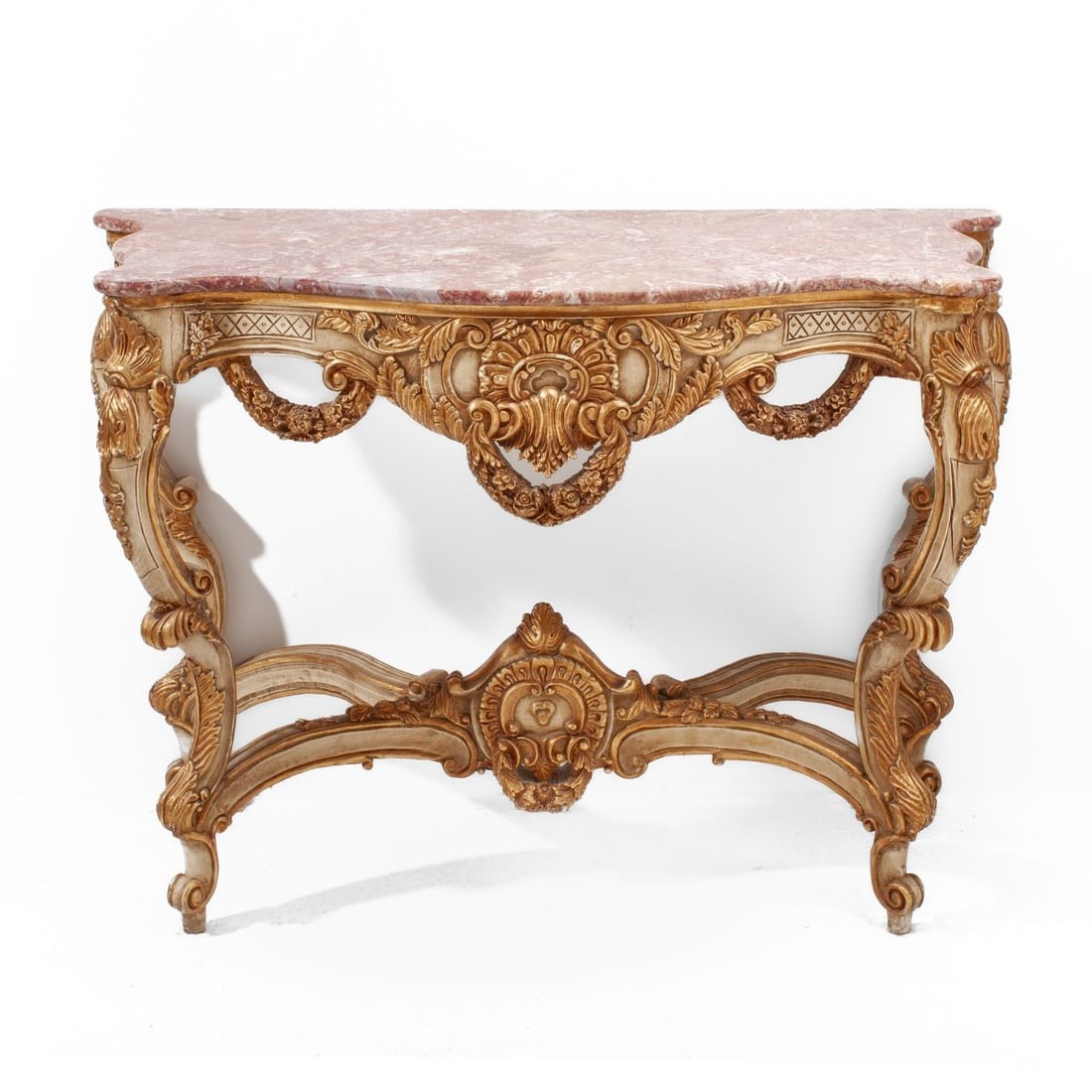 Rococo Style Parcel Gilt Console Table Marble Top: Vintage Rococo / Louis XV style console. Removeable rouge marble top above serpentine form, consisting of volutes and hanging festoons in gilt against painted cream ground leading to scroll feet. Some