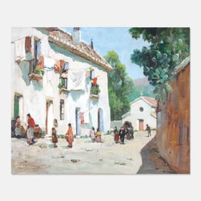 Anthony Thieme "La Plaza (Mexican Village)" Oil