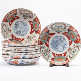 9 Japanese Imari Porcelain Camellia Flower Plates