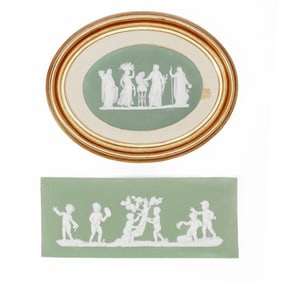 2 Wedgwood Green Jasperware Plaques / Cherubim