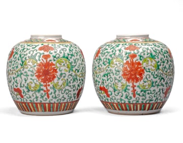 Pair Chinese Famille Verte Porcelain Ginger Jars