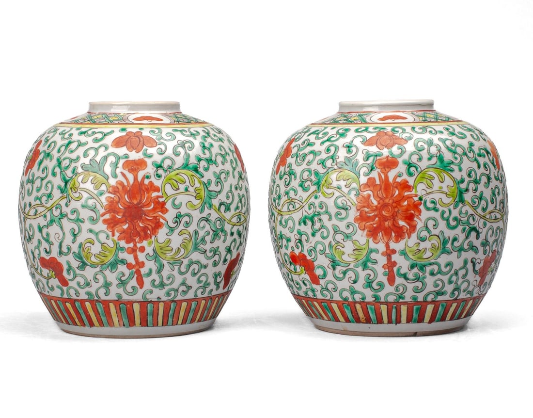 Pair Chinese Famille Verte Porcelain Ginger Jars (1 of 6)