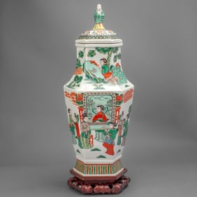Chinese Famille Verte Porcelain Hexagonal Vase