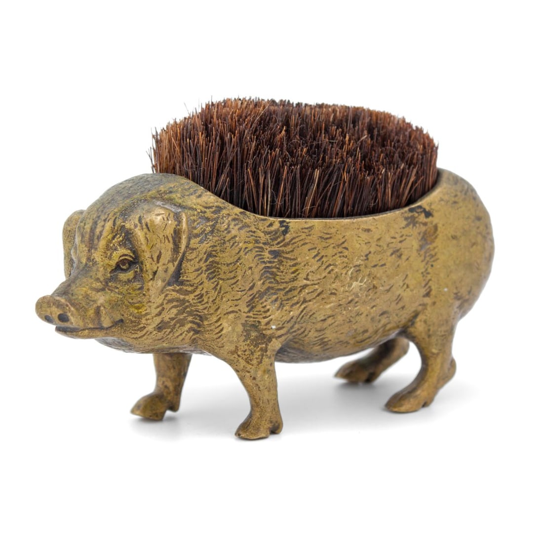 Antique Brass Pig / Boar Ink Pen Wipe: Antique figural boar / pig (with tusks) desk ink pen wipe. Well detailed cast brass with natural bristles. Good condition with very slight bend to rear right leg. 2.25" H x 3.75" x 1" approx.
