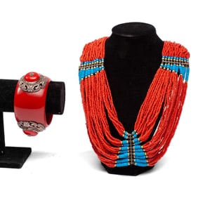 Tibetan Silver Metal Bangle & Beaded Necklace