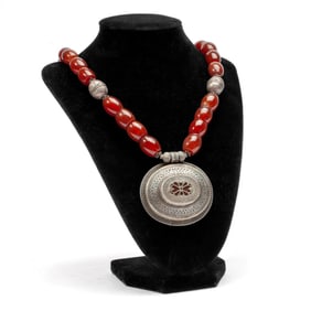 Tibetan Beaded Agate & White Metal Necklace