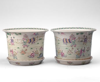 Pair of Large Chinese Famille Rose Soft Paste Porcelain "Boys" Planters & Trays