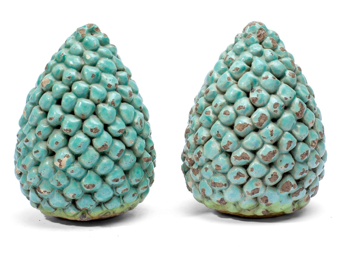 Pair Antique Italian Pottery Pinecone Finials: Pair antique Italian pottery / terracotta pinecone finials in thick turquoise glaze. Remnants of plaster to bottoms from previous base attachments. Good condition with expected glaze flake losses, sma
