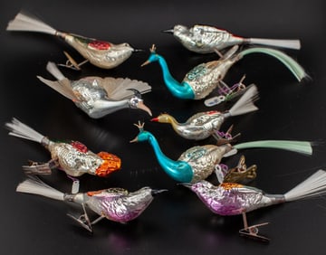 Antique Christmas Bird Clip Glass Ornaments