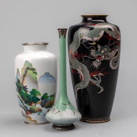 3 Japanese Cloisonne Vases / Dragon & Cranes