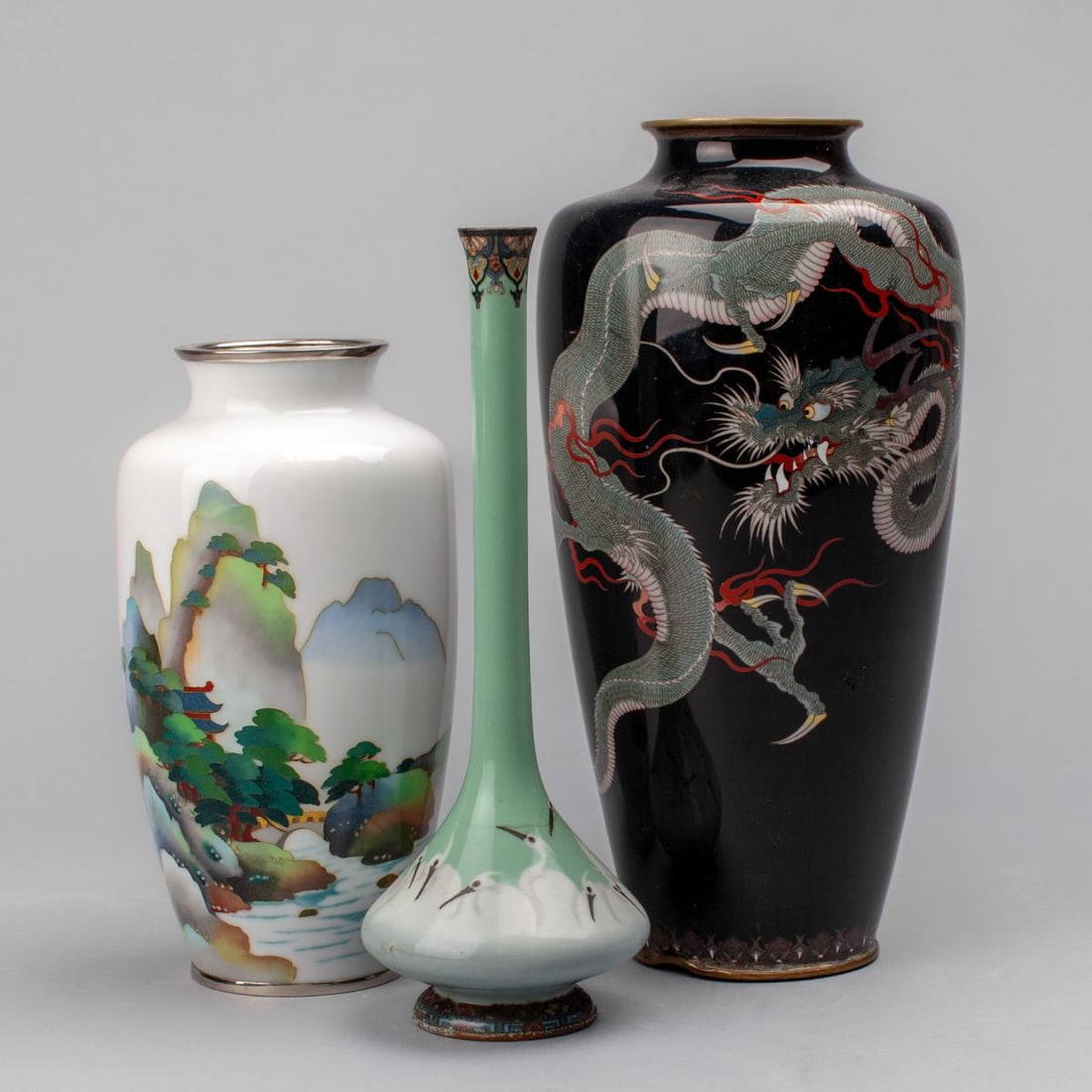 3 Japanese Cloisonne Vases / Dragon & Cranes (1 of 9)