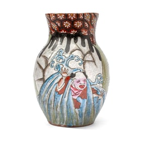 Japanese Enameled Crackled Celadon Porcelain Vase