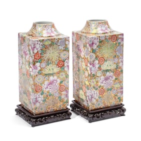 Pair Large Japanese Kutani Mille Fleur Vases