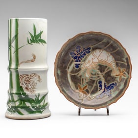 2 Pieces Japanese Art Pottery / Tiger Brush Pot