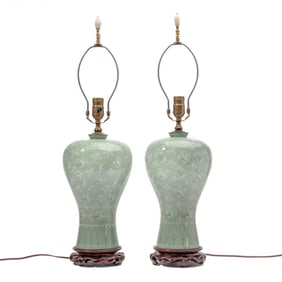 Pair of Korean Inlaid Celadon "Cranes" Maebyeong Vase Lamps