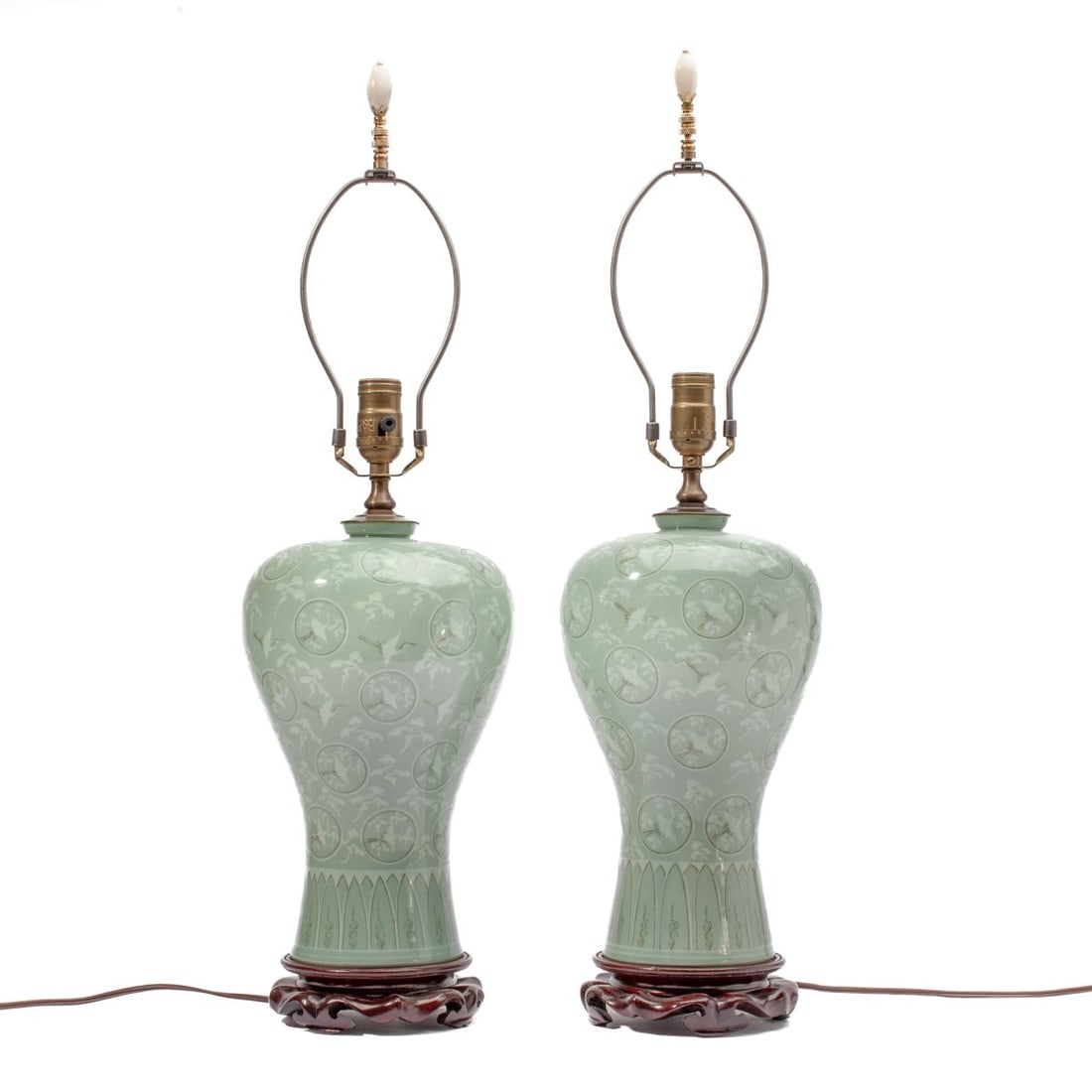 Pair of Korean Inlaid Celadon "Cranes" Maebyeong Vase Lamps: A Pair of Korean celadon "cranes" lamps. Consisting of two finely potted maebyeong vases with inlaid Goryeo celadon style crane and cloud pattern. Drilled and converted into lamps. Vases and fittings