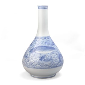 Korean Joseon Blue & White Porcelain Carp Fish & Ducks Vase