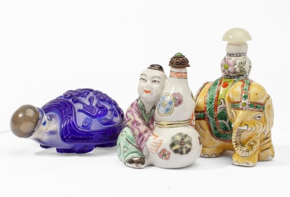 3 Chinese Porcelain & Glass Figural Snuff Bottles