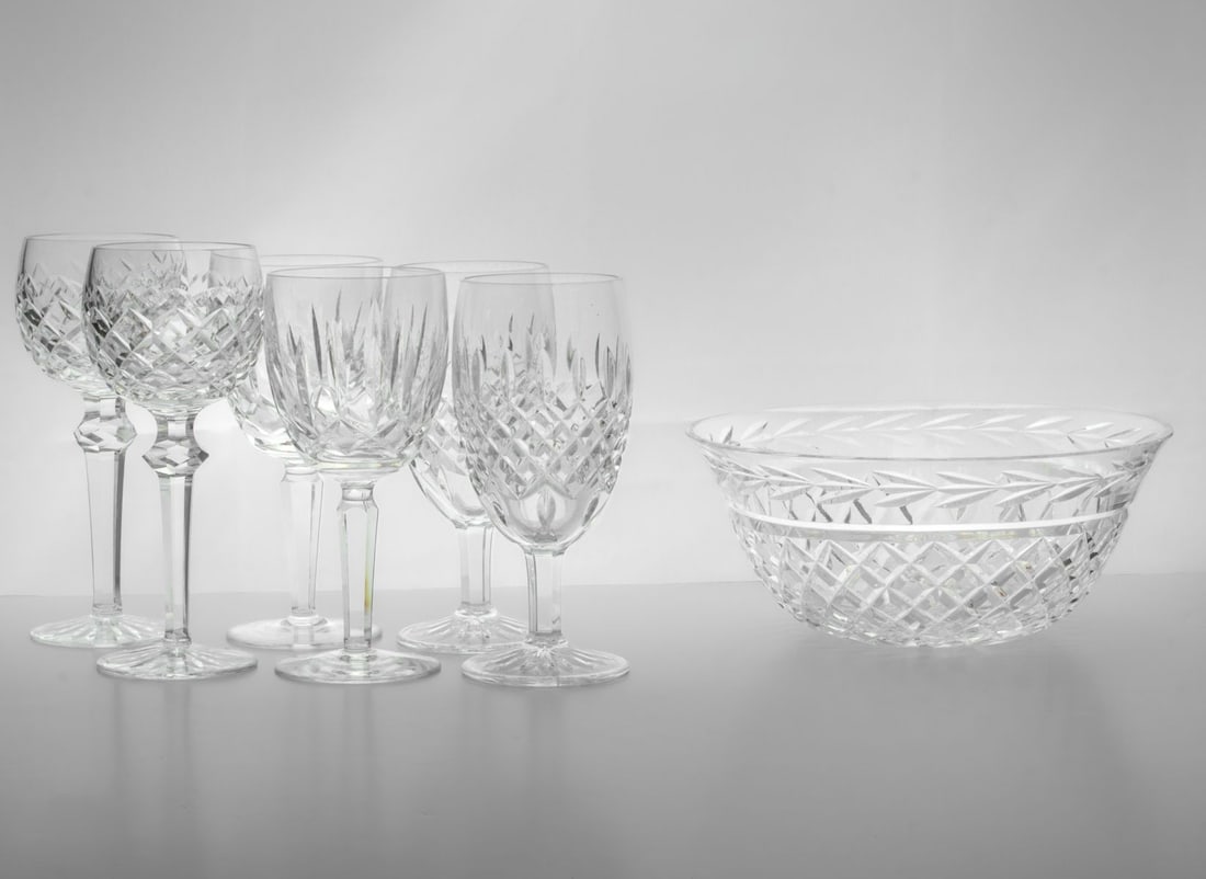 Waterford Kildare Powerscourt Castlemaine Glandore: (1) "Kildare" pair 7" water goblets. (2) "Powerscourt" pair 7 1/2" hock wine goblets. (3) "Castlemaine" pair 7" short stem goblets. (4) "Glandore" 9" bowl.