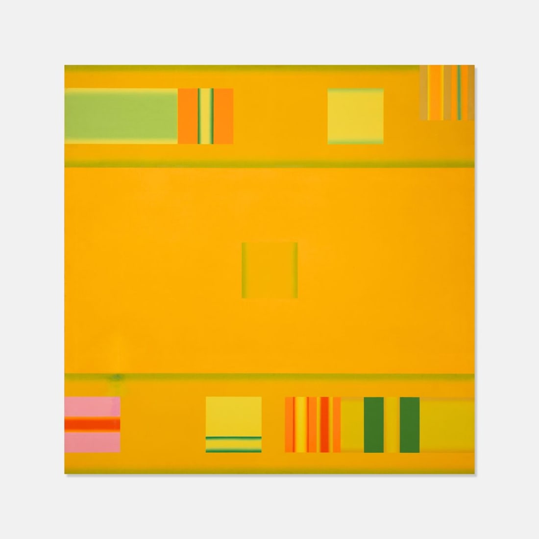 Thomas Bang "IBM Flow No.5" Oil on Canvas: Thomas Bang (b.1938 Denmark) "IBM Flow No.5" Oil on Canvas, circa 1967. Vesti Corporation (Newbury Street, Boston) collection label on verso. Canvas measures 52x52", vintage brushed aluminum thin floa