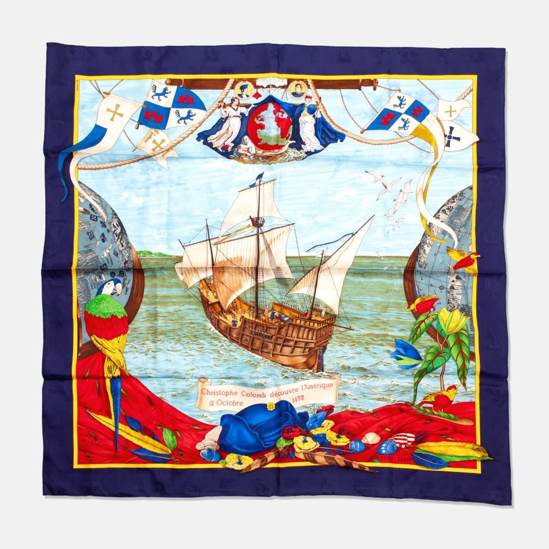 Hermes CHRISTOPHER COLUMBUS Silk Scarf: Hermes "Christophe Colomb découvre l'Amérique 12 Octobre 1492" jacquard woven sailing ship design silk scarf designed by Carl de Parcevaux. Hand rolled and stitched edges. Original MADE IN FRANCE ta