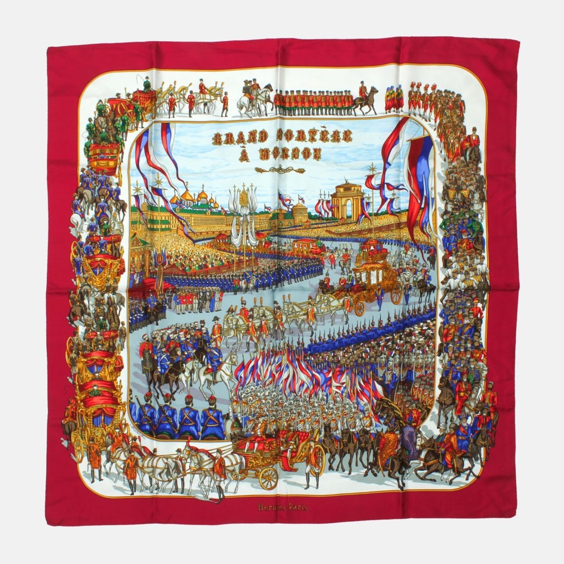 Hermes GRAND CORTEGE Moscow Silk Scarf: Hermes "Grand Cortege A Moscou" silk scarf designed by Michel Duchene. Hand rolled and stitched edges. Original MADE IN FRANCE tag. Two very small pinholes upper right corner; otherwise appears in ver