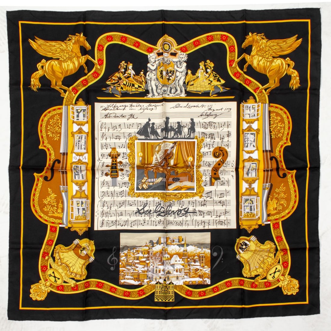 Hermes SALZBURG Silk Scarf: Hermes "Salzburg" silk scarf designed by Loic Dubigeon. Hand rolled and stitched edges. Original MADE IN FRANCE tag. Two very small pinholes lower left bottom edge; otherwise appears in very good cond