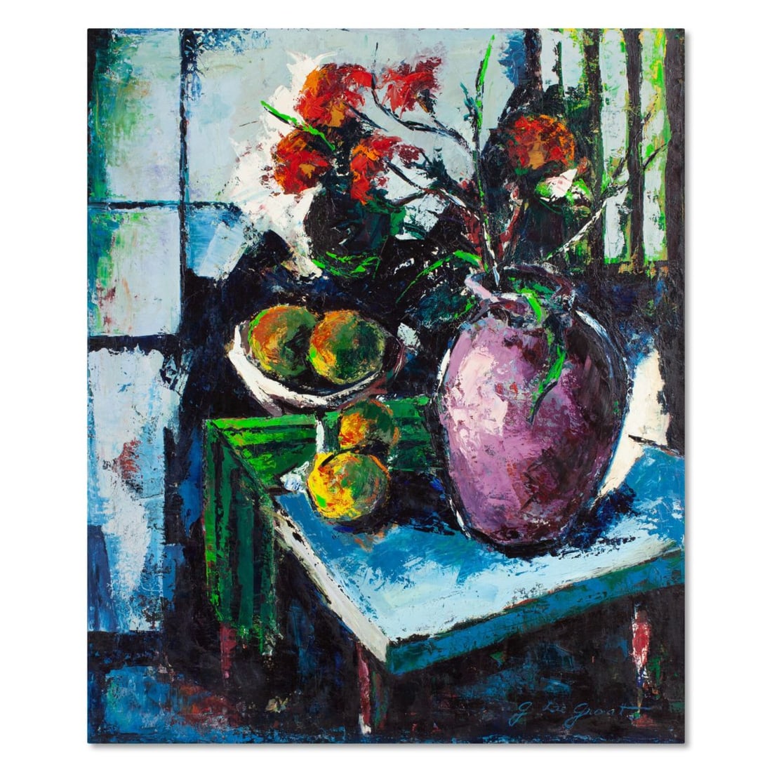 George De Groat "Blue Table" Oil on Canvas: George De Groat (1917-1995 California) "Blue Table" Oil on Canvas, 1963. Signed lower right. Titled on verso with original handwritten receipt from George Gallery (Sherman Oaks, Cal). Canvas measures